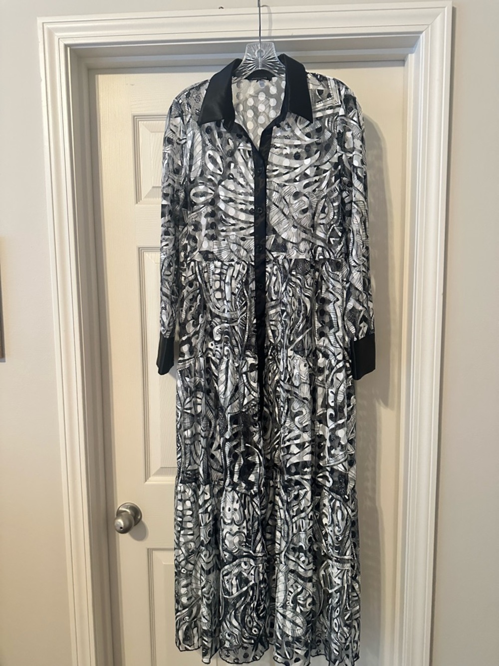 CQbyCQ Black & White Printed Maxi Shirt Dress with Satin Contrast Collar